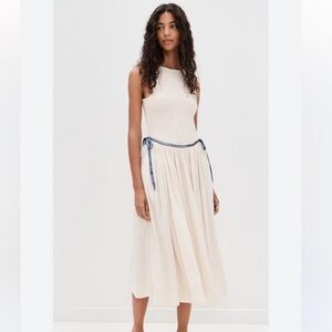 Free People Smocked Nightingale Solid Midi Dress Tea Navy Combo Cream Ivory, XL